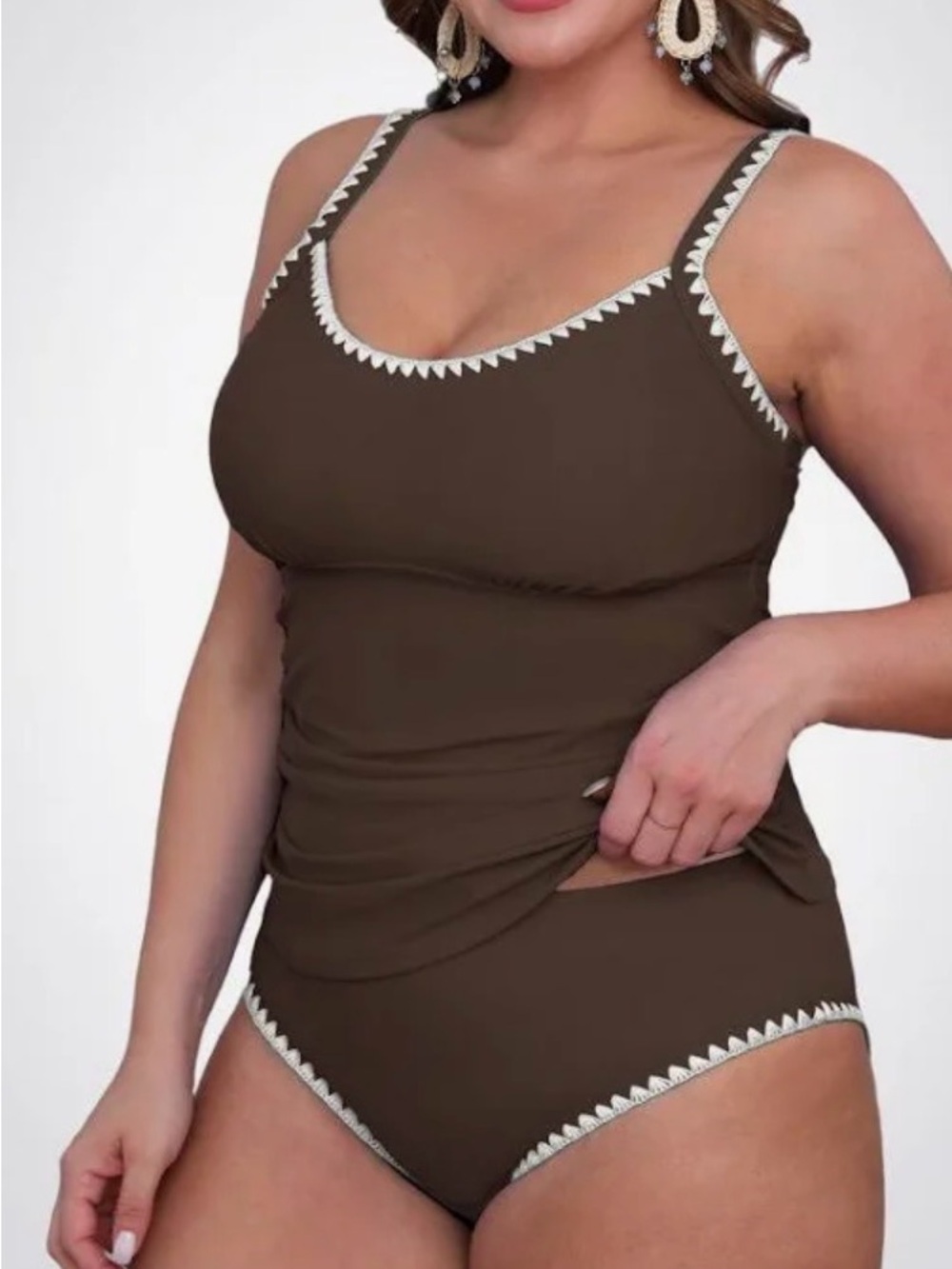 Cupshe Brown Tankini Swim with Cream Trim Med- NWT